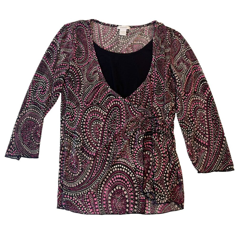 Dress Barn Women's Pink White Black Polka Dot 3/4 Sleeve Dress Shirt Size Large
